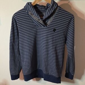DKNYwomens V-Neck Striped Sweater - Navy and Gray